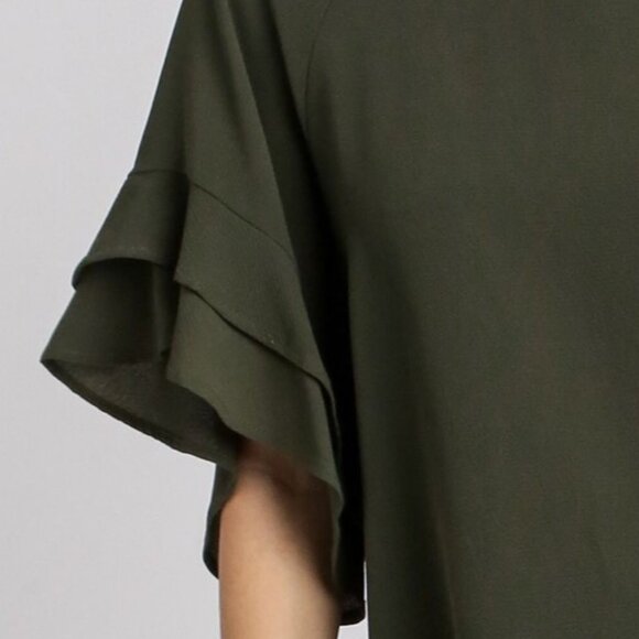 Layered Ruffle Sleeve Top / Blouse - Boxy Cut - Wide Round Neck - Olive Green - Picture 3 of 9